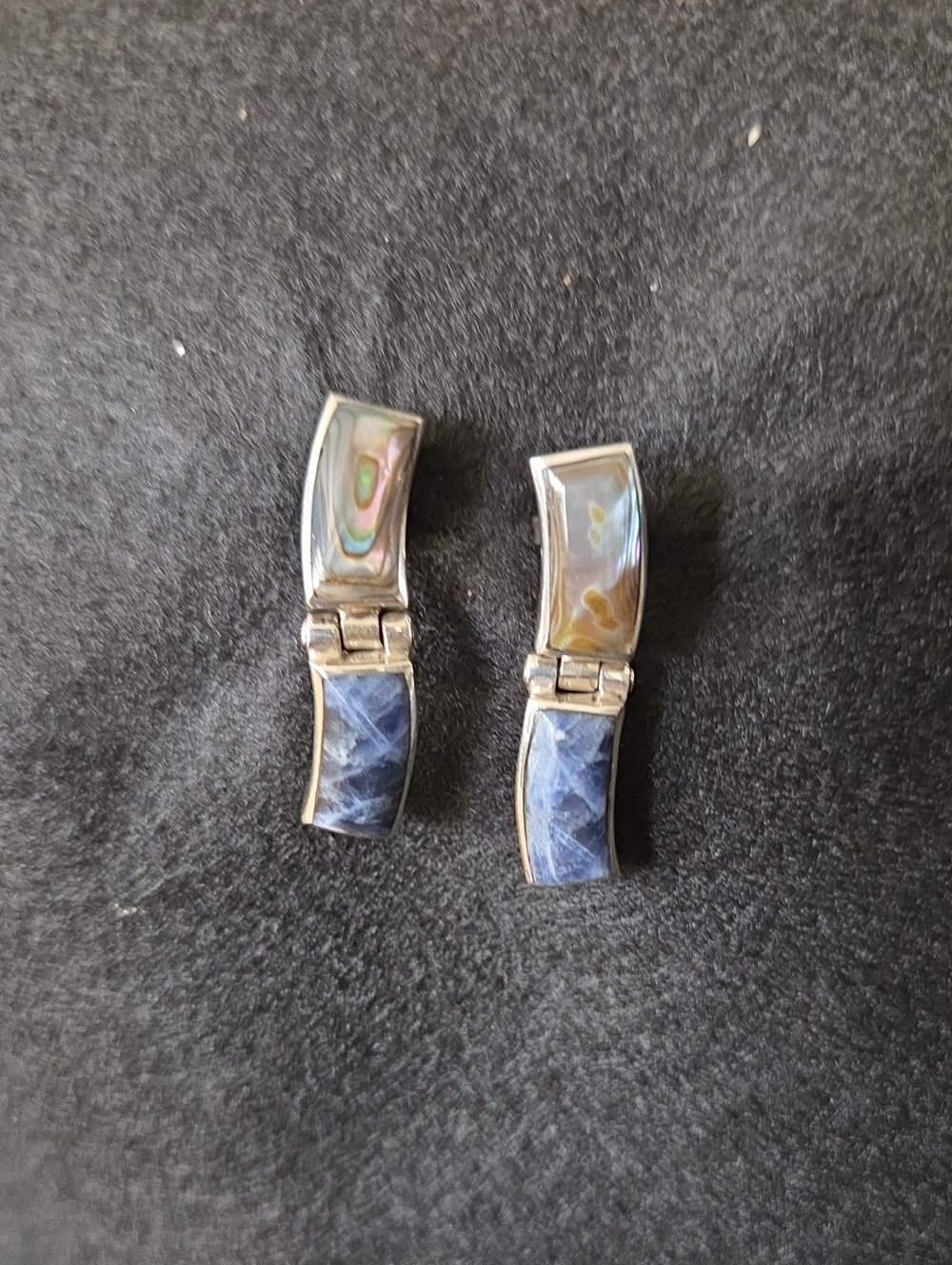 Vintage 950 Silver Mid-Century Abalone & Sodalite Hinged Earrings 1.3" Drop